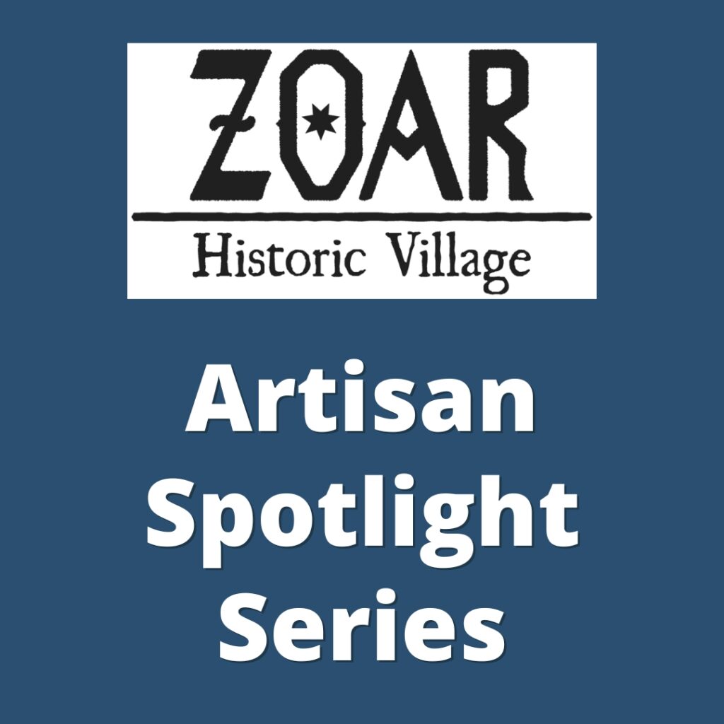 Graphic with a blue background, the Zoar Village logo, and the words "Artisan Spotlight Series".