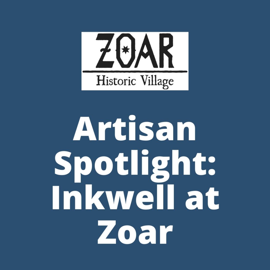 Zoar logo and white text on a blue background stating Artisan Spotlight: Inkwell at Zoar.