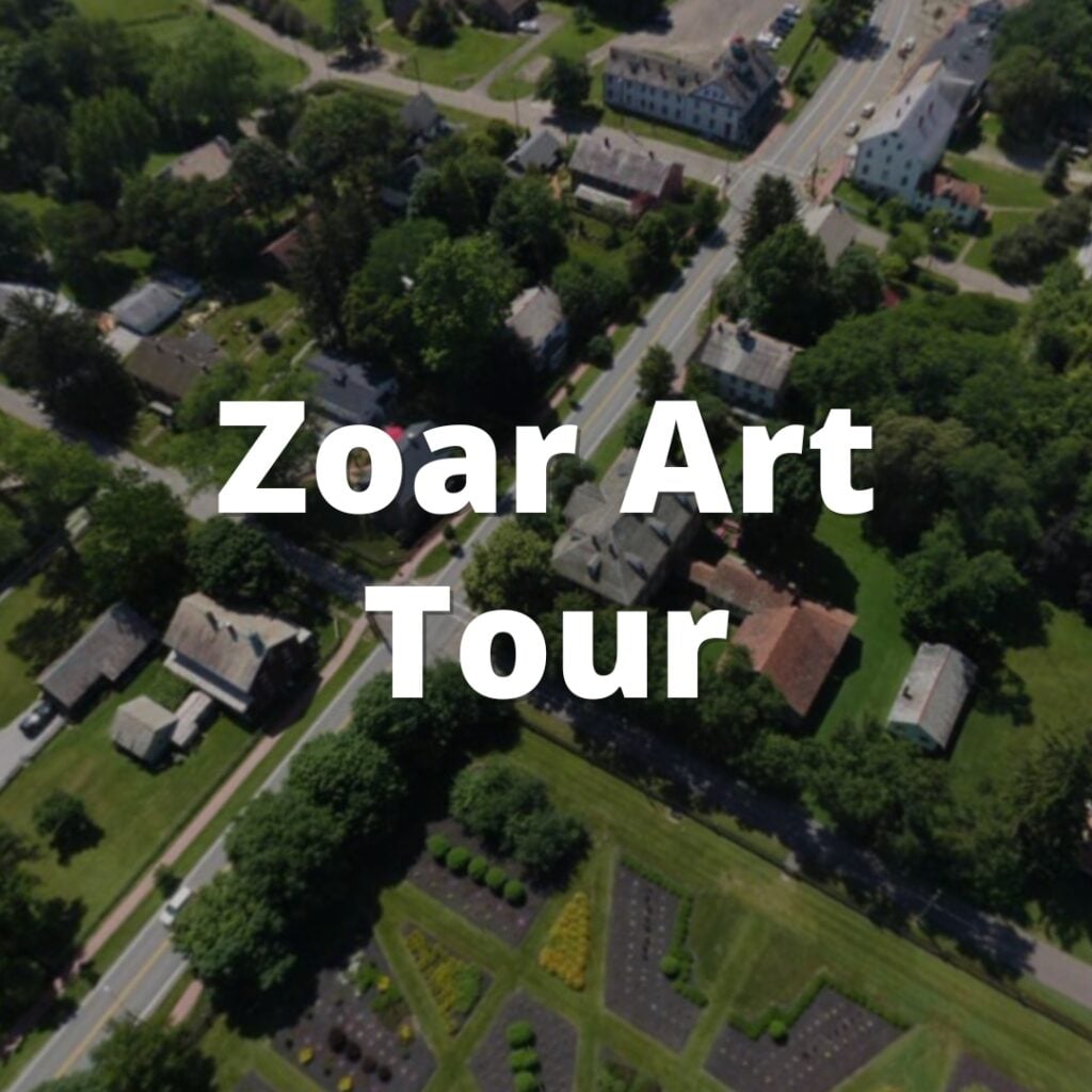 Aerial photo of Historic Zoar Village with the words Zoar Art Tour overlaid on the picture.