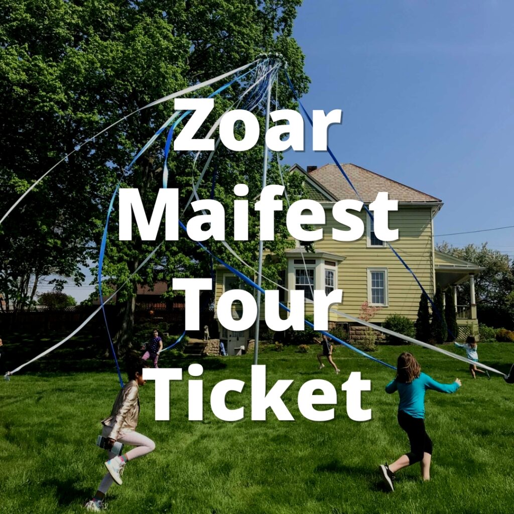 Children playing around May pole at Zoar Maifest with the text Zoar Maifest Tour Ticket overlayed on the image.